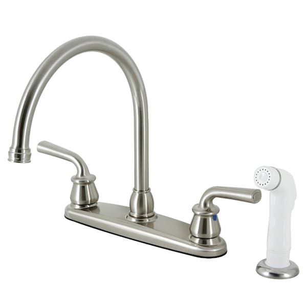 Kingston Brass 8" Centerset Kitchen Faucet with White Sprayer, Brushed Nickel KB728RXL - main